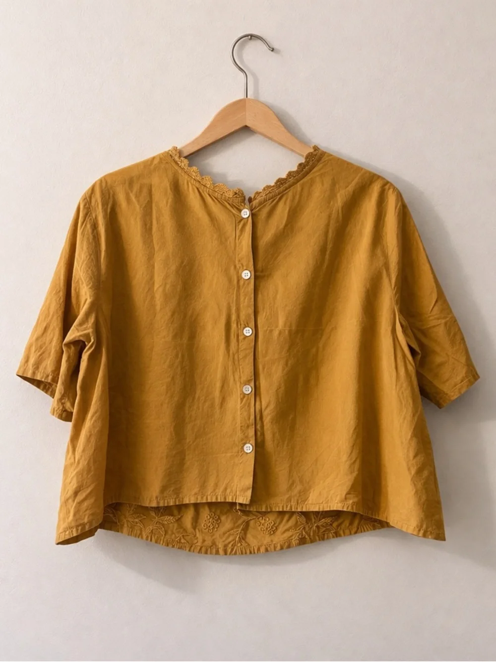 Louise Misha Embroidered Boho Cotton Blouse Mustard Lace Inset EU 40